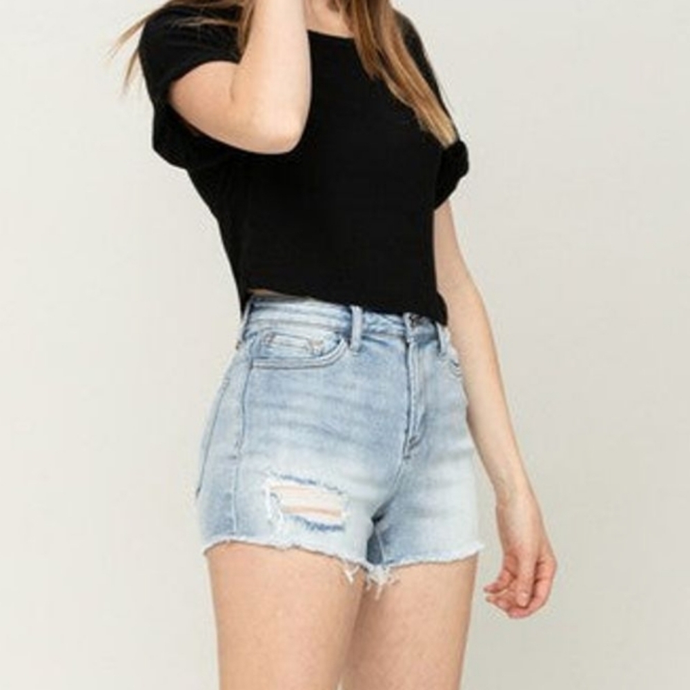 High-Rise Light Wash Distressed Denim Shorts - Women